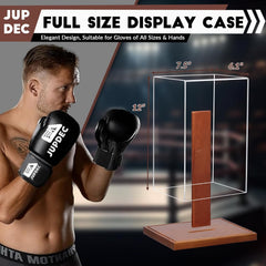 Close-up of solid wood base and adjustable plank inside the boxing glove display box, designed for left or right gloves
