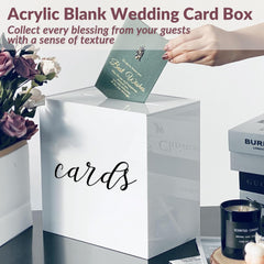 Durable white acrylic card box with envelope slot, fits 5x7 and 6x8 inch greeting cards.