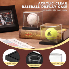 Easy-assembly guide showing acrylic cube and baseball holder stand grooves on the wood base.