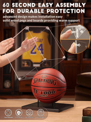 Detail of solid wood base and basketball riser inside JupDec acrylic basketball display box