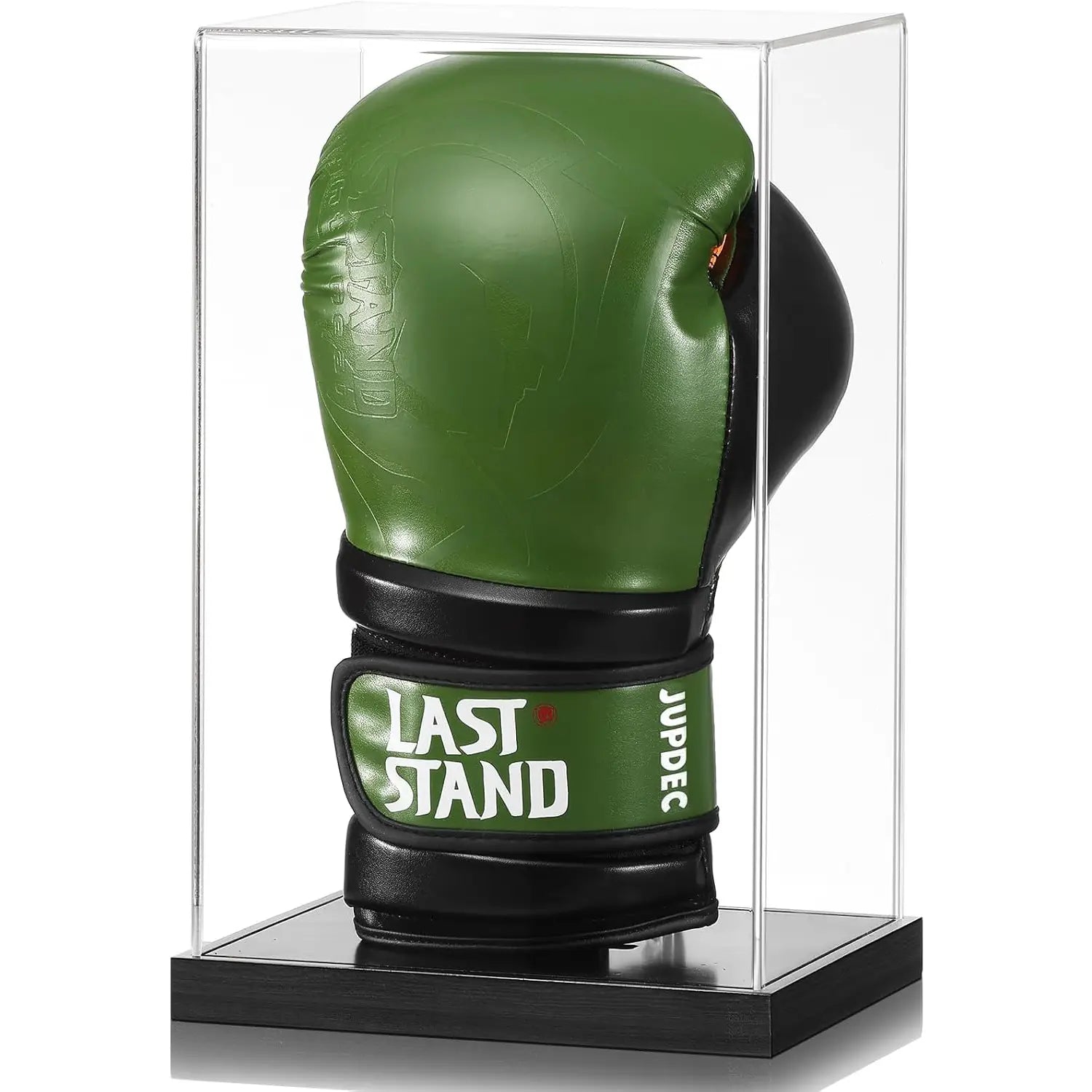 Front view of boxing glove display case showcasing a single full-size boxing glove in clear acrylic with solid wood base