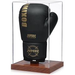 Full front view of JupDec boxing glove display case with clear acrylic cover and wooden base, showcasing a single glove