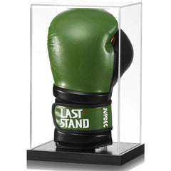 Front view of boxing glove display case showcasing a single full-size boxing glove in clear acrylic with solid wood base