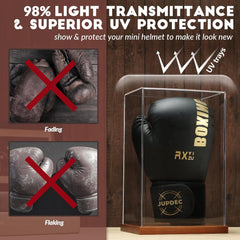 Acrylic boxing glove case display with UV protection to prevent glove fading and yellowing over time