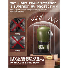 Transparent acrylic boxing glove display case highlighting UV protection feature to prevent yellowing and aging