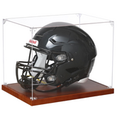 Front view of JupDec full size brown helmet display case with clear acrylic cover and solid wood base for football helmets