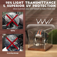 UV protection and dust-proof features of JupDec mini helmet display box with brown base for collectibles