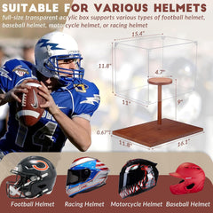 Brown base helmet display case compatible with football, baseball, and motorcycle helmets in a sleek showcase