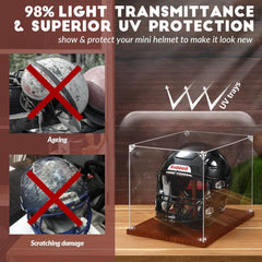 Brown base helmet display case compatible with football, baseball, and motorcycle helmets in a sleek showcase