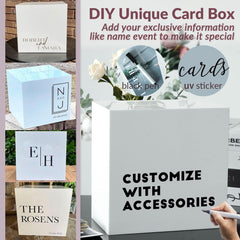 Wedding card holder box with erasable pen for personalized names, quotes, or messages.