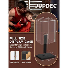 Compact and elegant boxing glove display cabinet with sleek acrylic case and solid wood base