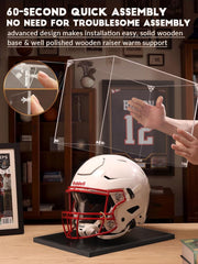 Football helmet displayed inside the JupDec helmet display case full size with floating wood support and 360° visibility