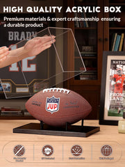 Black football holder display case showing ball supported by wooden rods on wood base