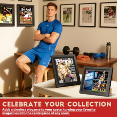 Frame for Sports Illustrated magazine in black shown on a tabletop stand, great for home and office decor
