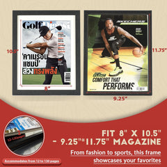 Angled view of framed magazine in black JupDec frame, suitable for 8"x10.5" Sports Illustrated issues