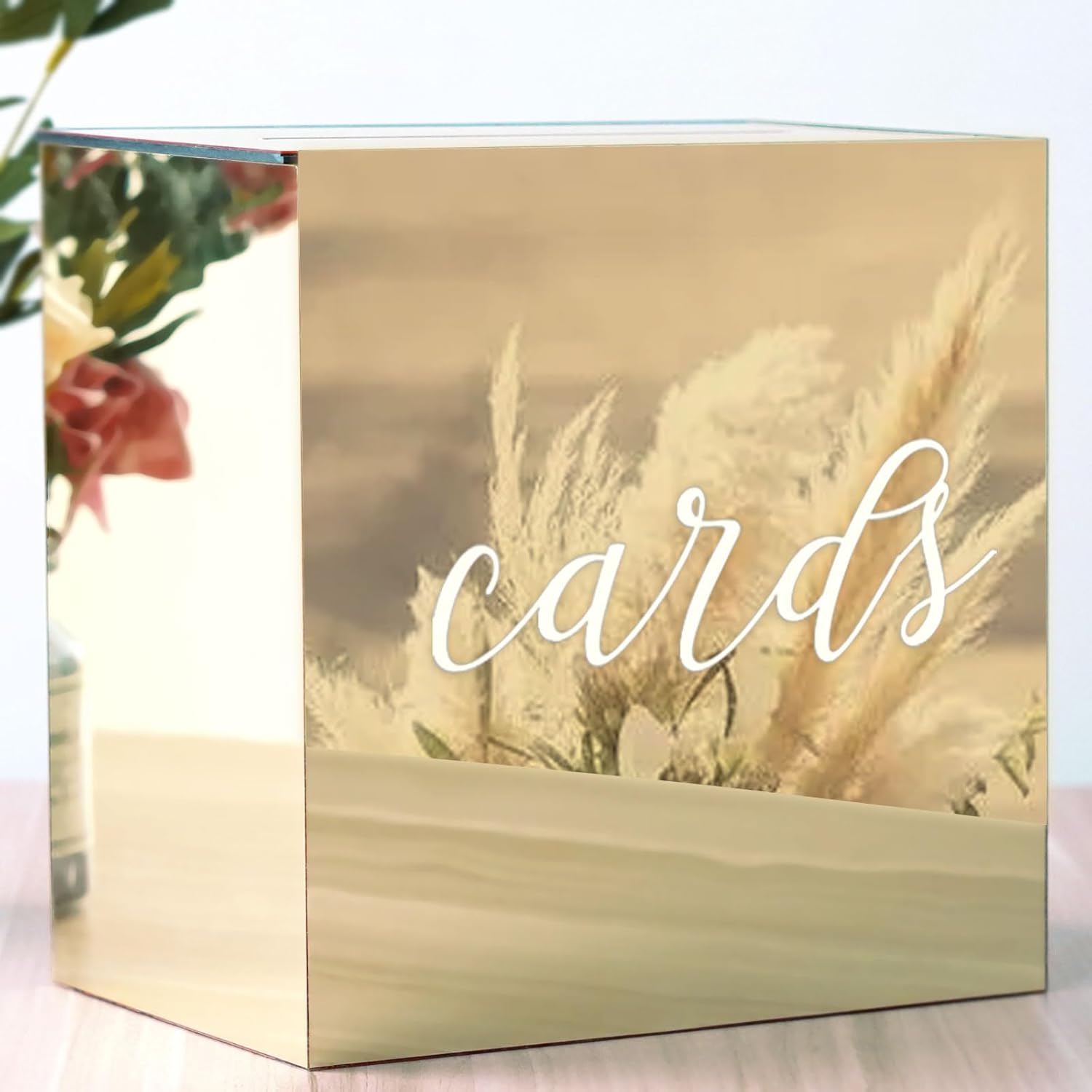 Front view of JupDec gold wedding card box with mirror acrylic finish and slot for envelopes