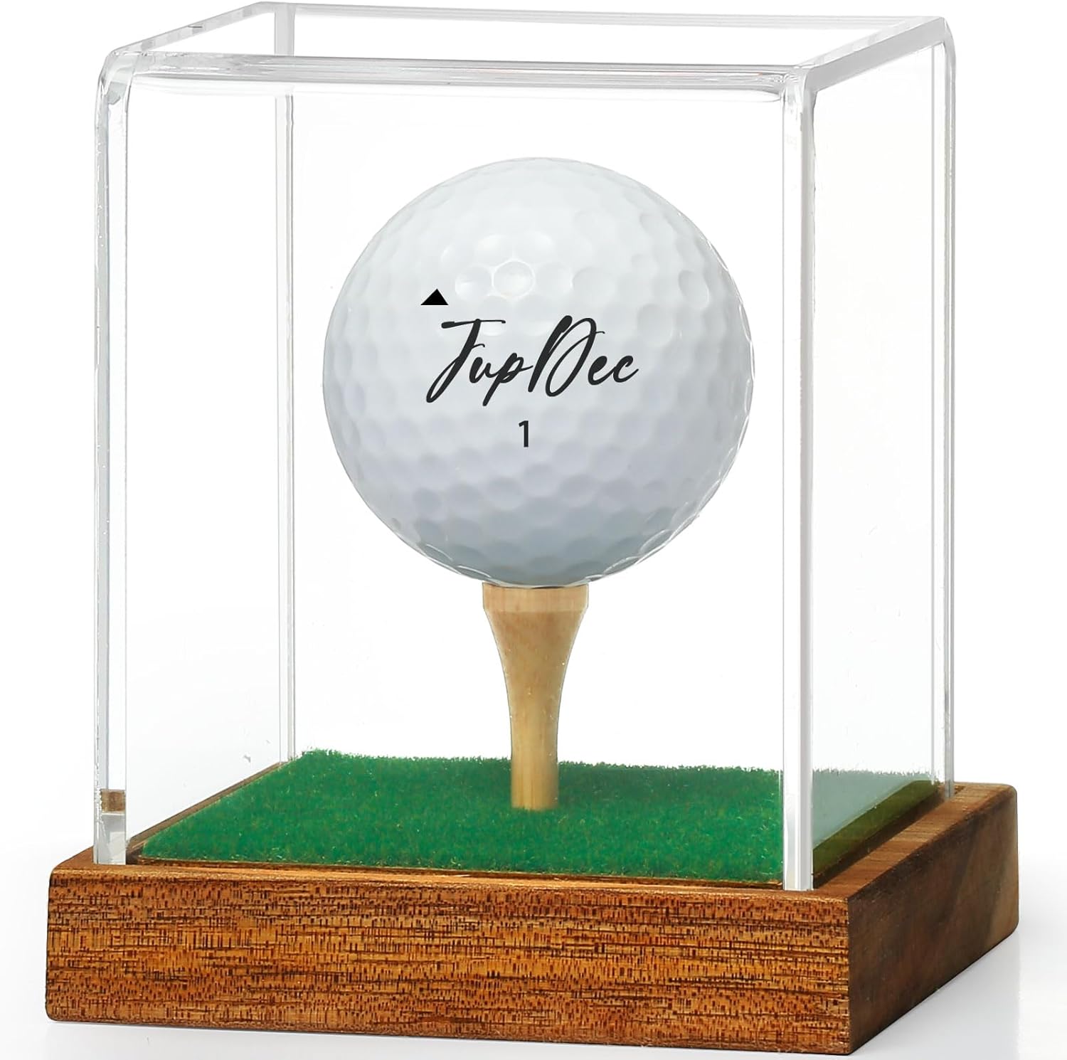 JupDec acrylic golf ball display case front view with clear cube and wood base