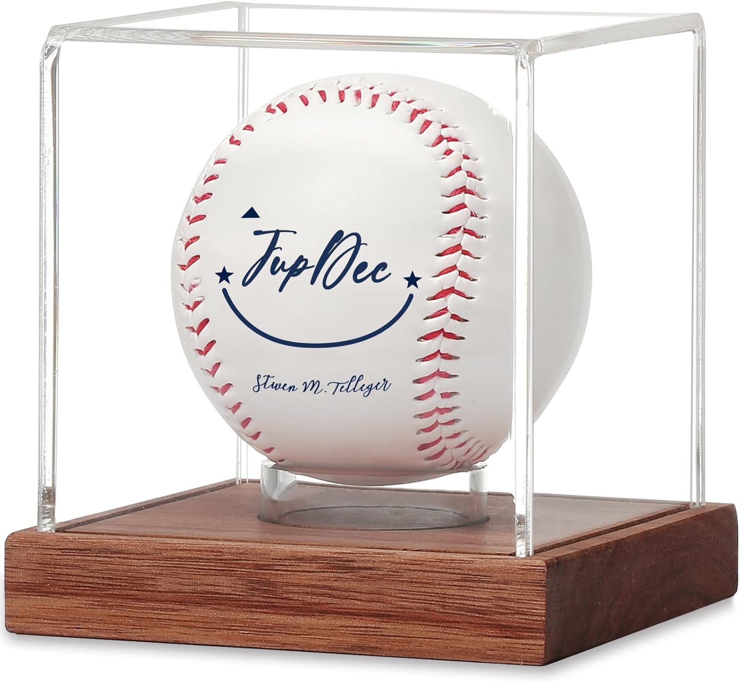 Clear acrylic baseball display case with acacia wood base, front view