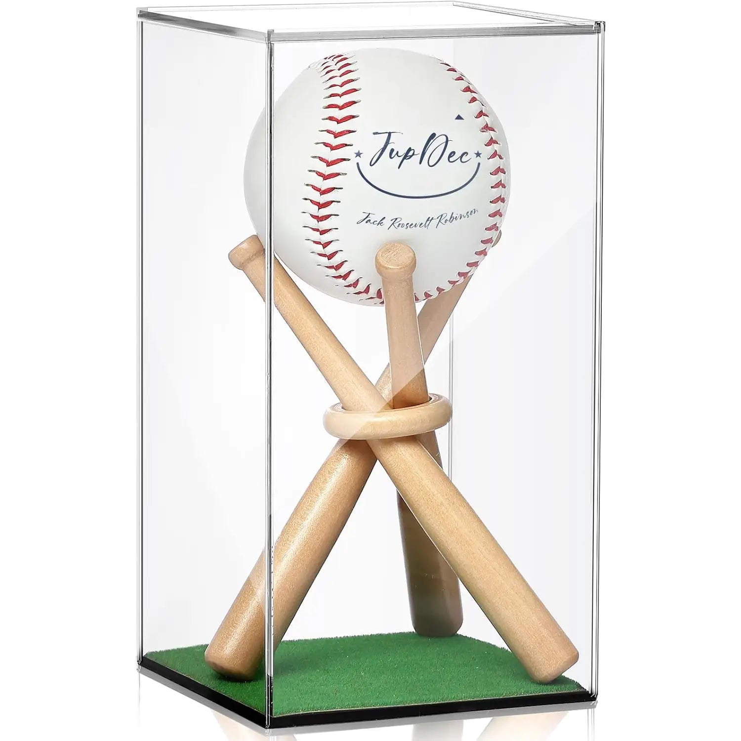 JupDec clear acrylic baseball display case with wooden base showing single baseball holder stand.