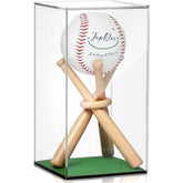 JupDec clear acrylic baseball display case with wooden base showing single baseball holder stand.