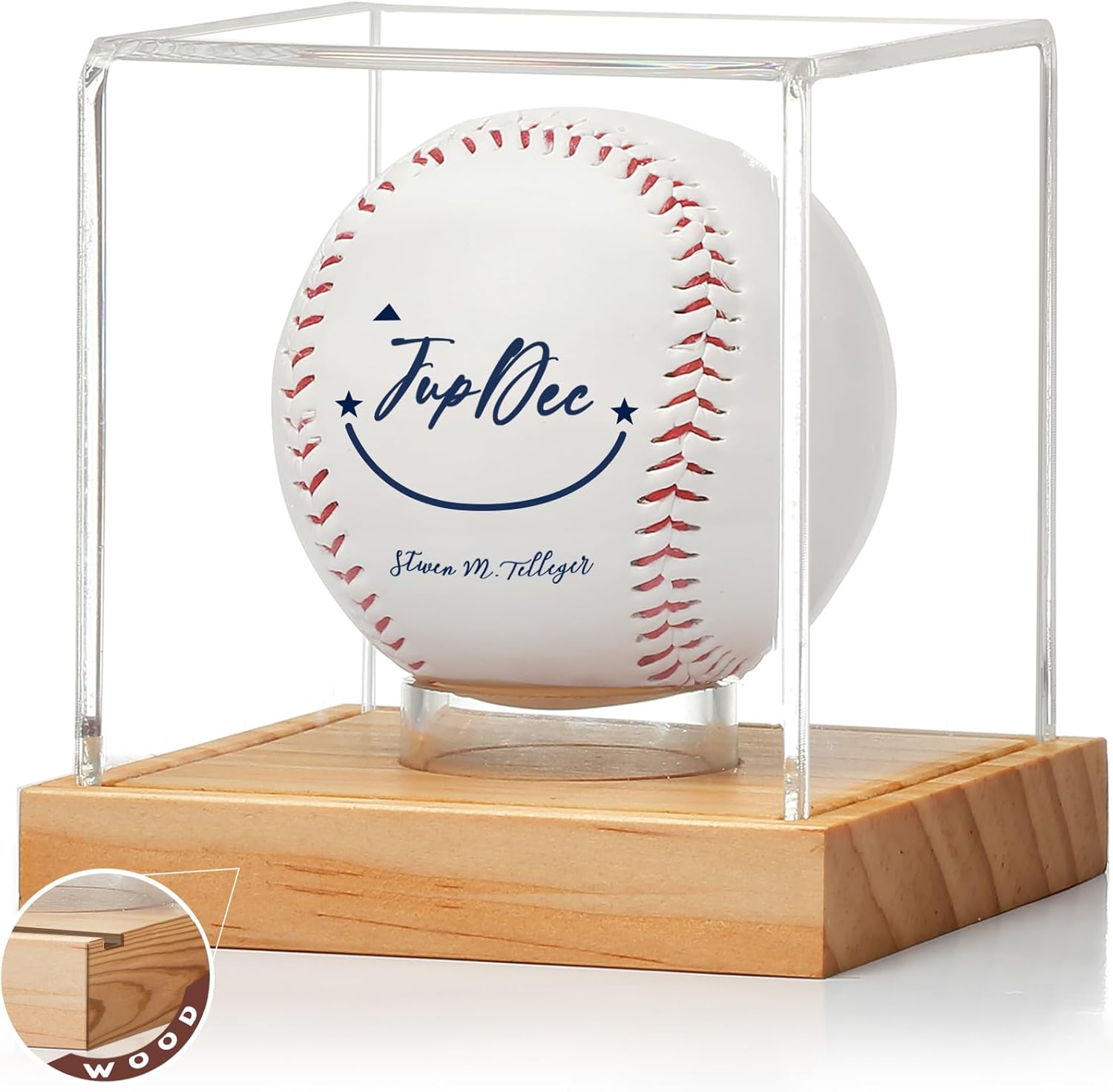 JupDec clear cube baseball display case with pine wood base, perfect for signed baseballs and sports memorabilia.