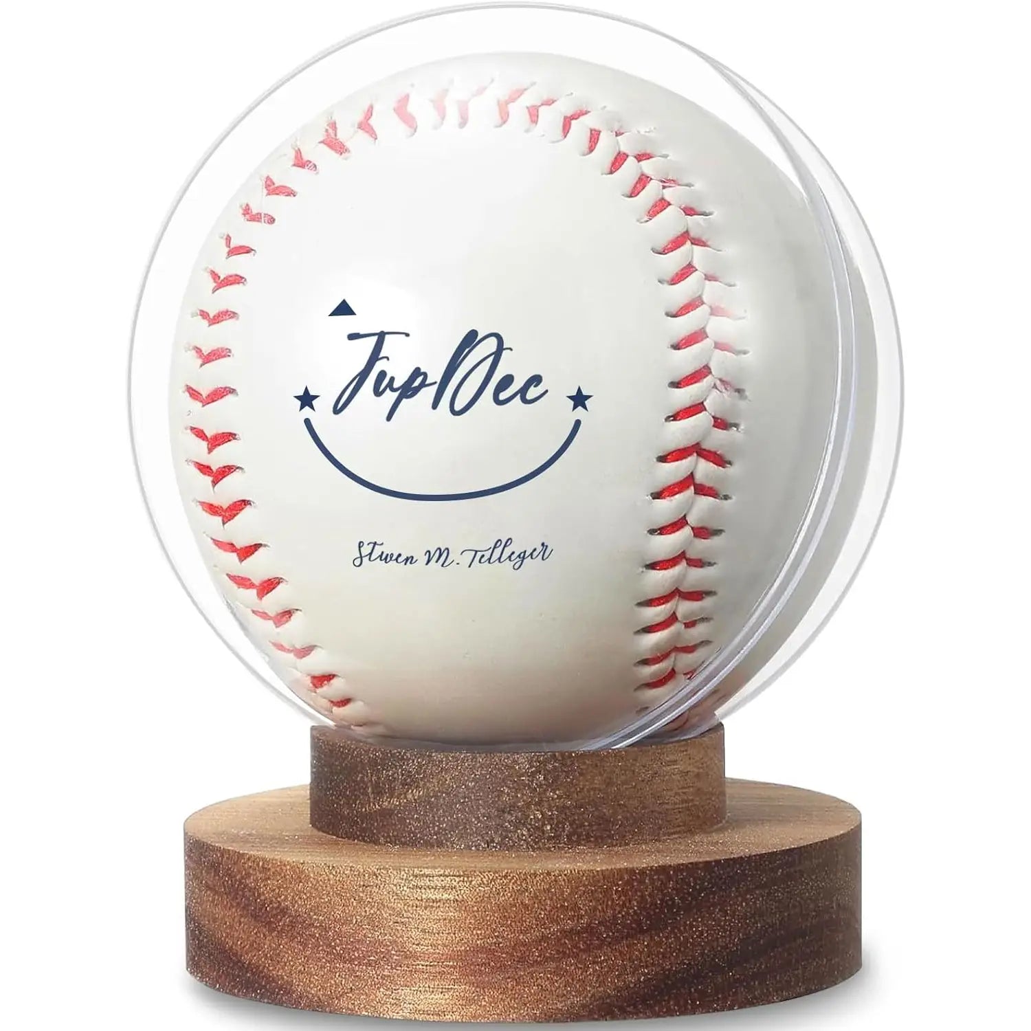 JupDec baseball display case with clear plastic circular holder and solid mahogany wood base showing autograph baseball