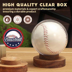 Close-up of autograph baseball displayed in JupDec clear plastic circular case with mahogany base