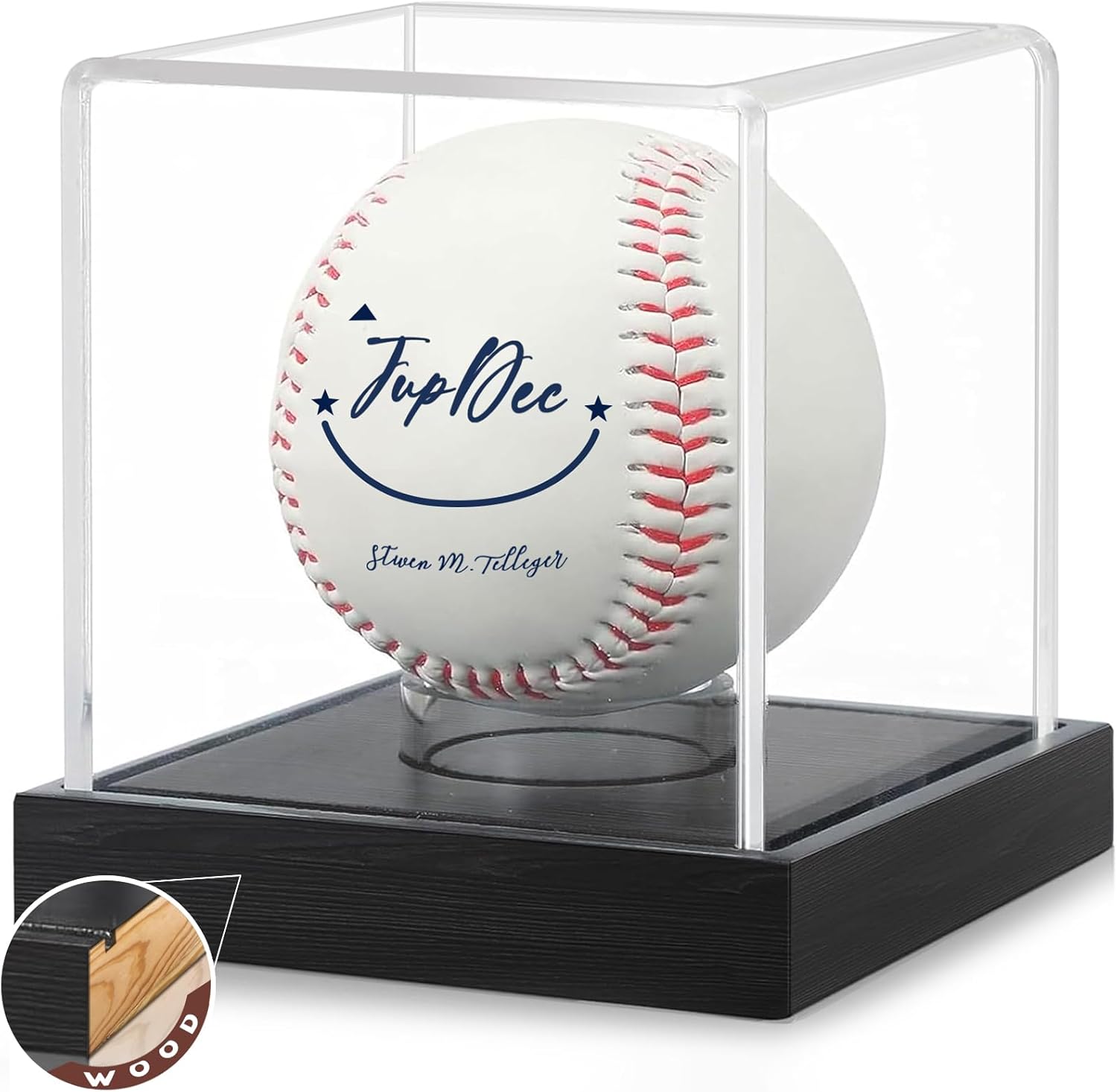 Clear acrylic baseball display case with wood base showing front view for memorabilia protection