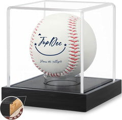 Clear acrylic baseball display case with wood base showing front view for memorabilia protection