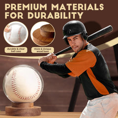 Portable JupDec baseball display case with solid mahogany base for easy transport and showcasing