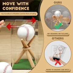 Sliding lid design securely locking baseball in JupDec baseball display case.