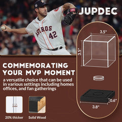 Side view of baseball stand with firm wood base and transparent acrylic cover