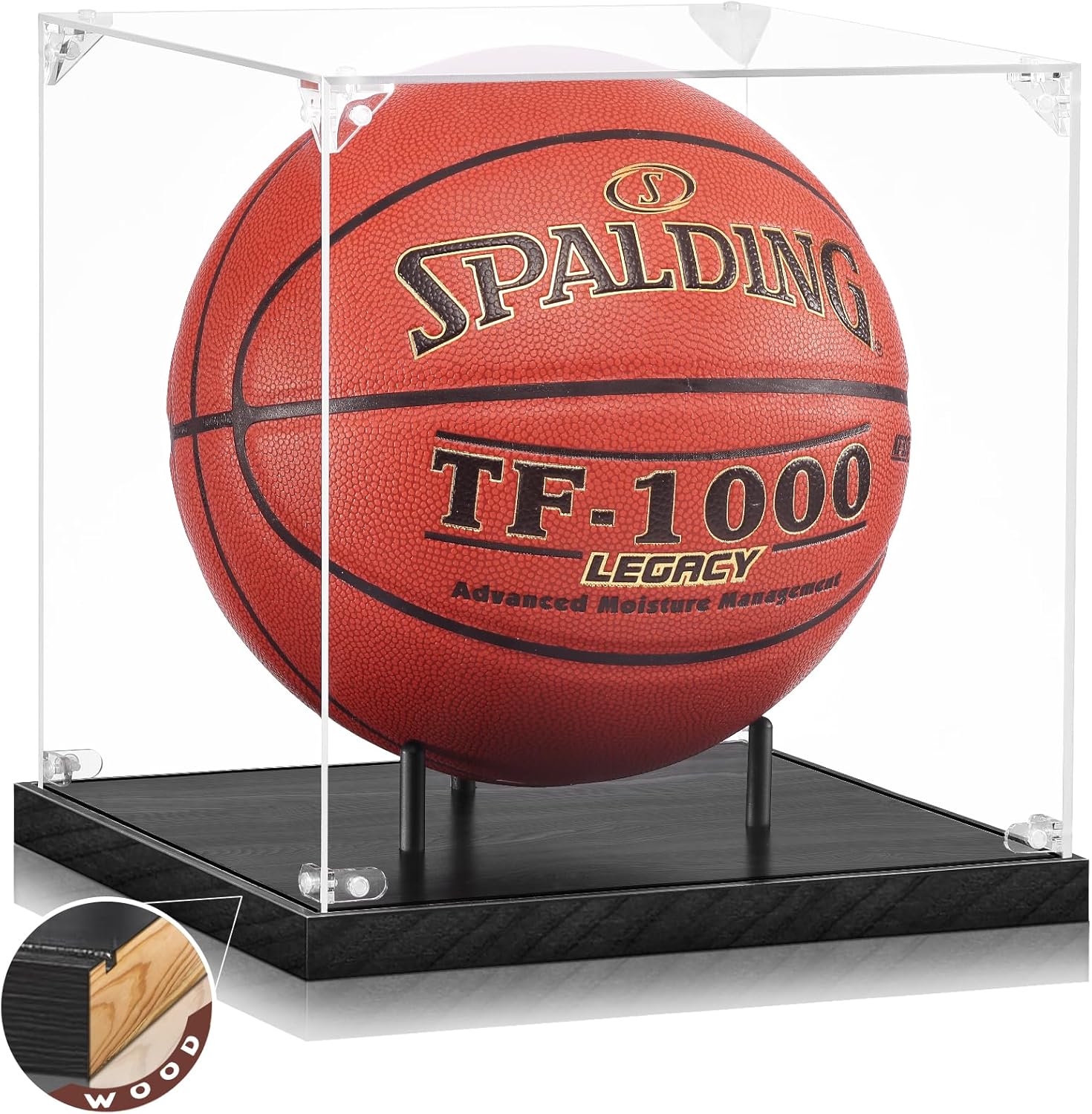 Front view of JupDec clear acrylic basketball display case with solid wood base and UV protection