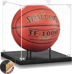 Front view of JupDec clear acrylic basketball display case with solid wood base and UV protection