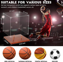 Product dimension guide for JupDec 10" full-size basketball display case in brown finish