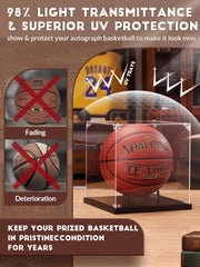 UV protection feature of JupDec acrylic basketball display case, shielding autographed balls from sun damage and fading