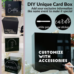 Black acrylic wedding card box with customizable message written using white erasable pen