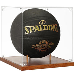 Front view of JupDec brown full-size acrylic basketball display case with UV protection and solid wood base
