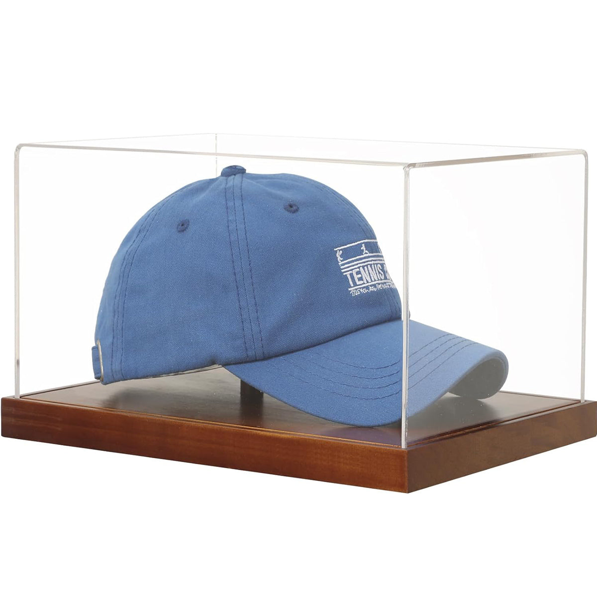 Front view of JupDec brown base hat display case showcasing a baseball cap in clear acrylic box