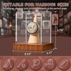 Close-up of angled acrylic ring holder inside JupDec champion ring display case for secure ring placement