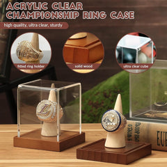 Fully assembled JupDec champion ring display case showcasing a sports ring inside