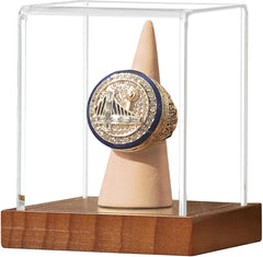 JupDec champion ring display case front view showing clear acrylic five-sided box with Acacia wood base and angled ring holder