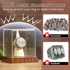 Close-up of UV protection label on JupDec acrylic ring display case to prevent sun damage