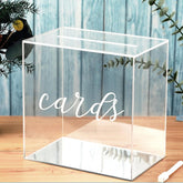 Front view of JupDec clear acrylic wedding card box with slot, elegant and spacious design for reception cards.