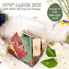 Dimensions diagram of JupDec Clear Wedding Card Box showing 10 by 10 by 6 inches size