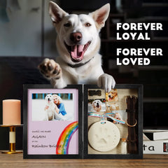 Open dog memorial shadow box showcasing collar, paw print, and photo
