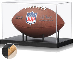JupDec football display case black version made of acrylic and solid wood, perfect for showcasing full size football memorabilia