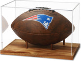 JupDec football display case brown version made of acrylic and solid wood, perfect for showcasing full size football memorabilia