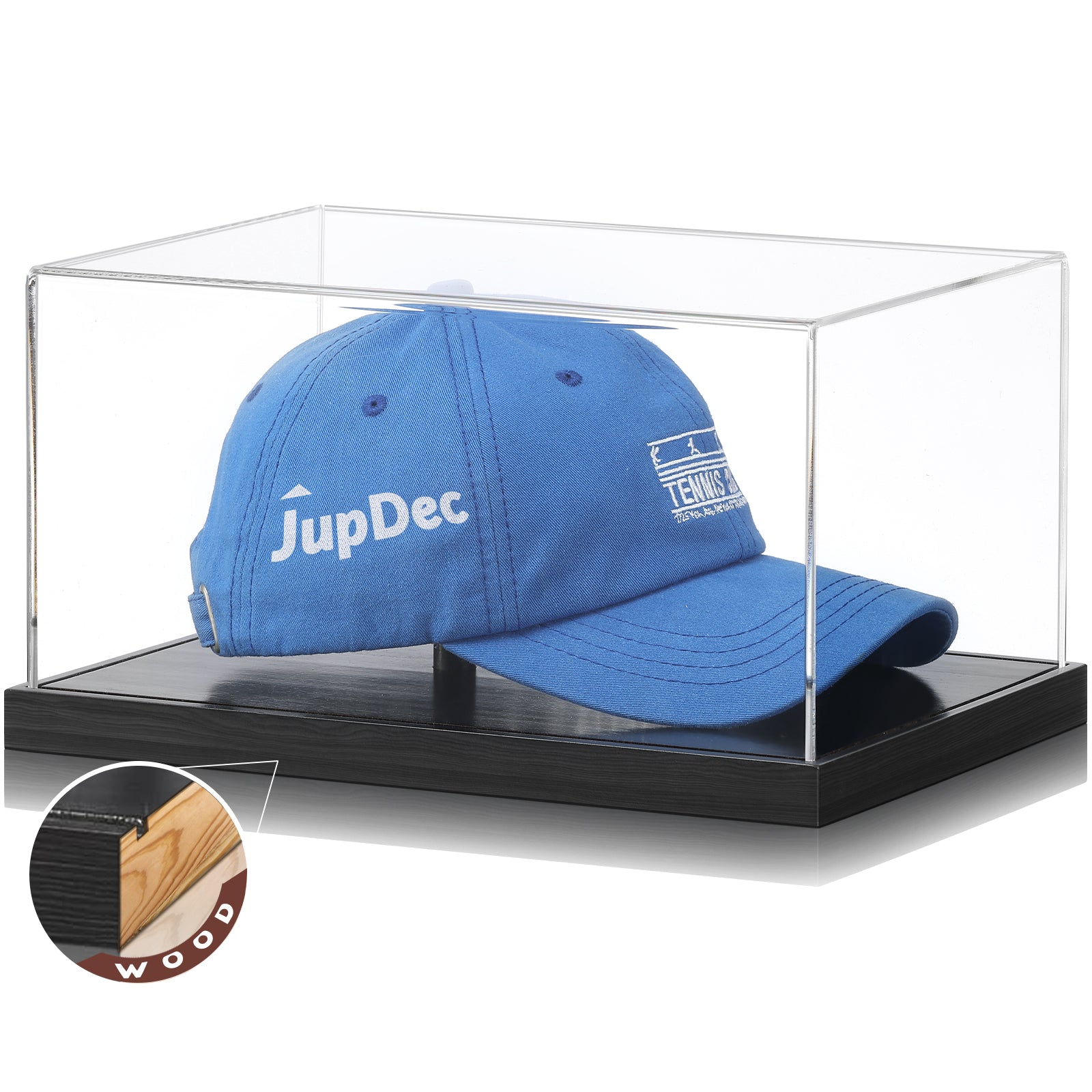 Front view of JupDec acrylic hat display case showcasing a baseball cap with crystal-clear transparency