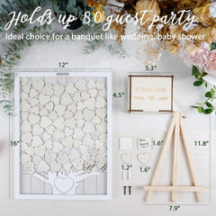 JupDec Heart Drop Guest Book dimensions and components diagram showing a 16 by 12 inch white rustic wooden shadow box frame, included 80 wooden hearts in two sizes, wooden stand, wooden storage box, and clear acrylic front panel.